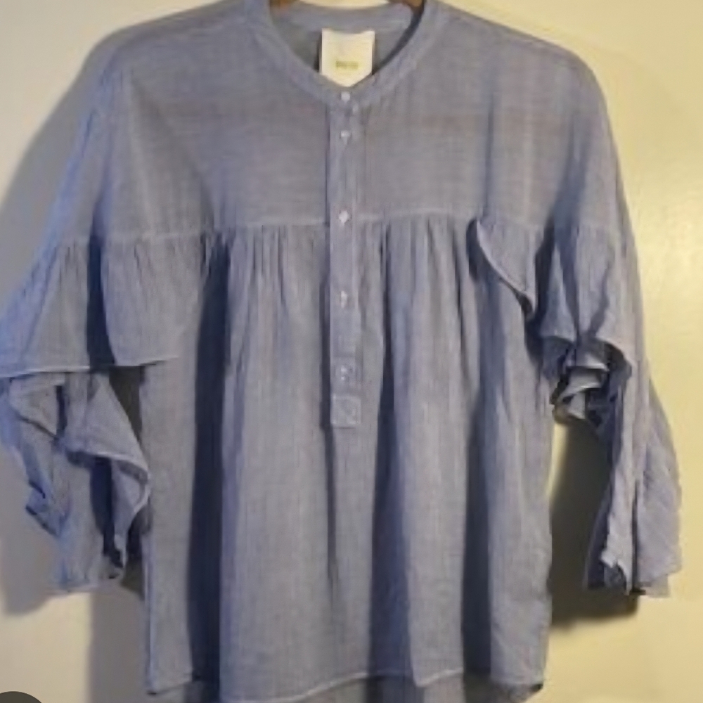 Anthropologie Maeve Pinstripe Ruffled Long Sleeve Blouse Size XL